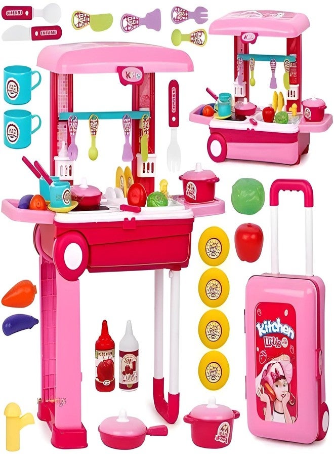 TodFod Kitchen Set for Kids Girls | Large Pretend Cooking Playset with 30+ Accessories | Portable Trolley Toy with Light & Sound | Role Play Toy for Ages 3+ - Image 1